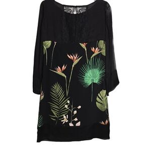 Black Floral Midi Dress with Lace Yoke